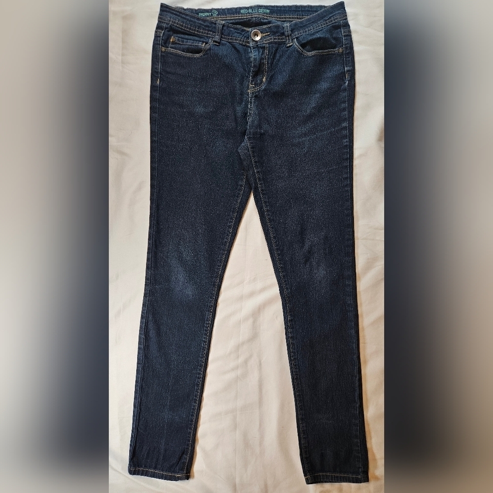 Red Blue Denim Womens Dark Blue 5 Pocket Long Mid Rise Skinny Jeans Size 7/8